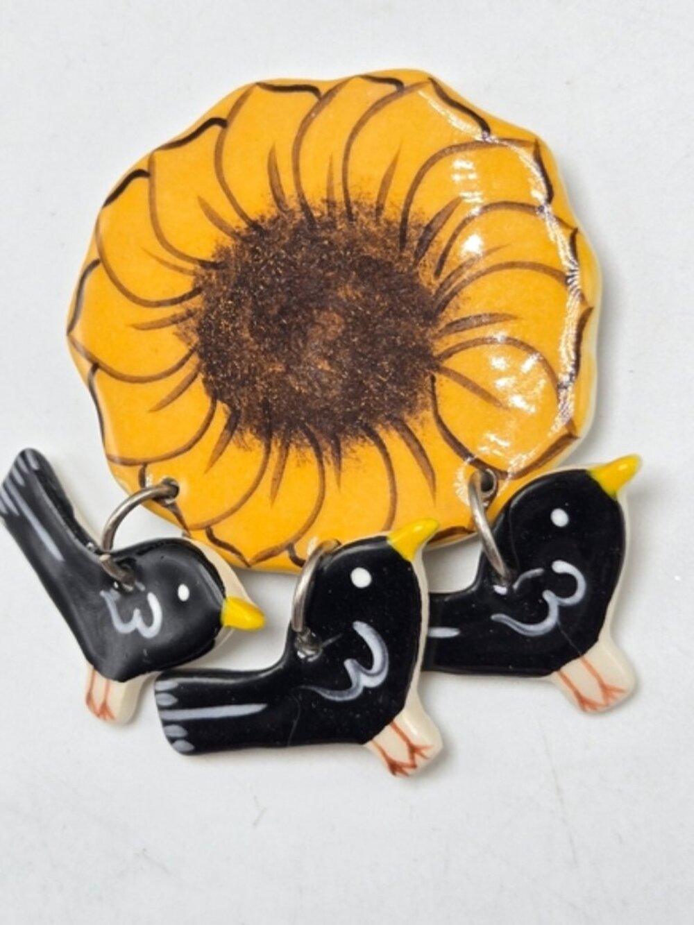 Artisan Made Articulated Crows Sunflower Lapel Pin Ceramic Summer Brooch Pinback